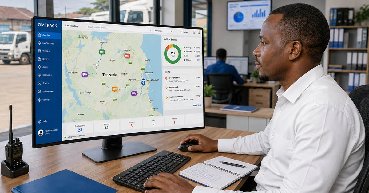 Rental cars and fleet dashboard showing mileage-based maintenance reminders in Tanzania