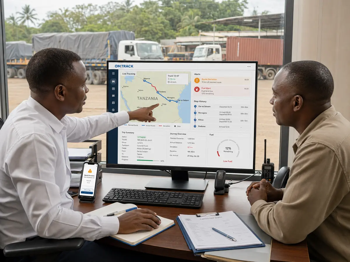 Construction equipment maintenance dashboard showing engine hours and service reminders in Tanzania