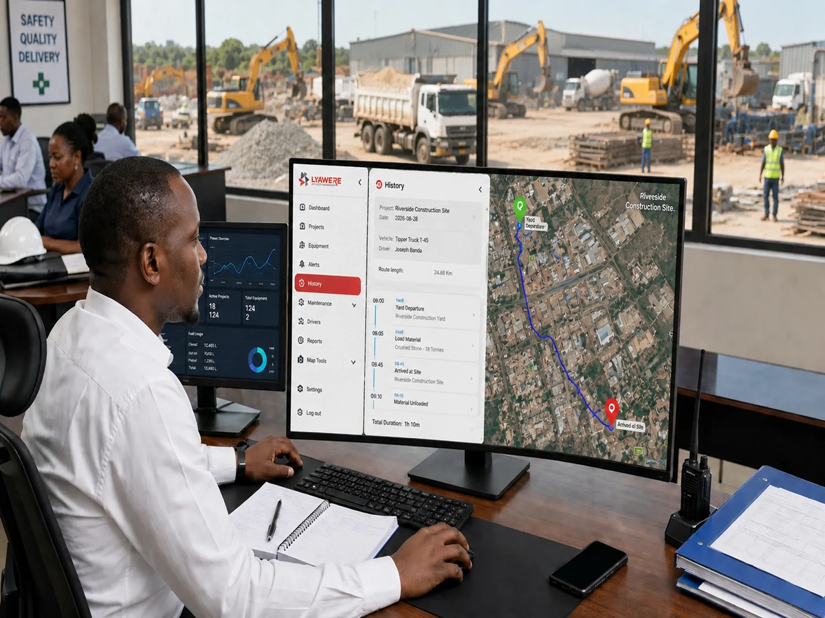 Construction manager monitoring vehicles and heavy equipment across project sites in Tanzania