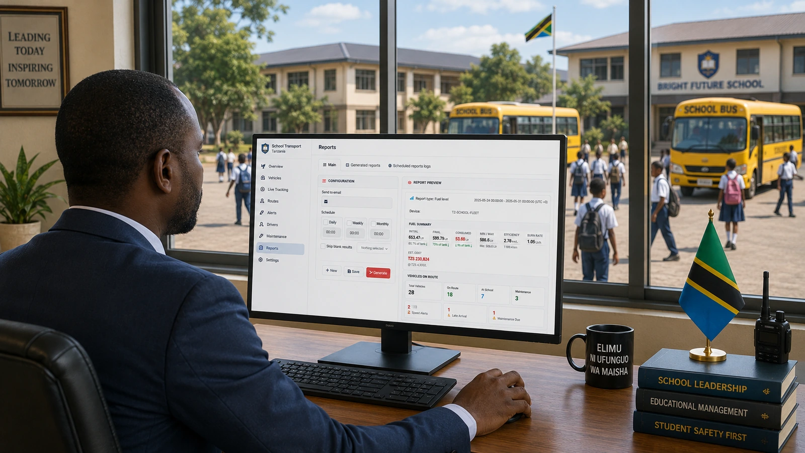 School fleet manager reviewing vehicle tracking reports in Tanzania