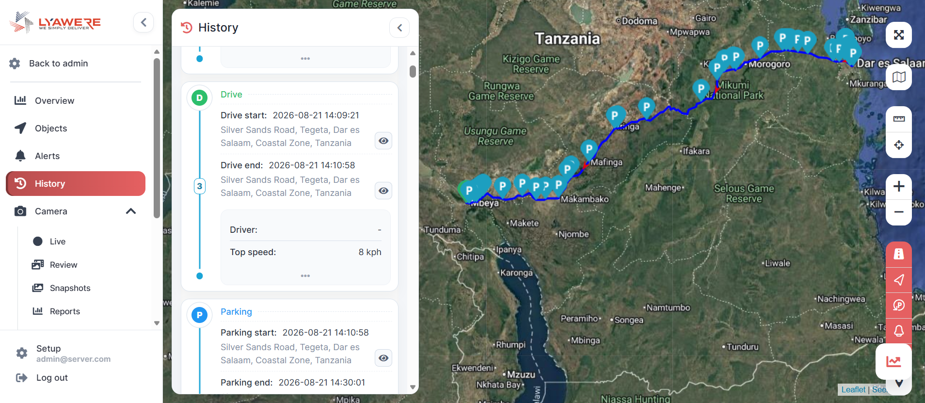 Omtrack trip history screen showing vehicle route and stop events