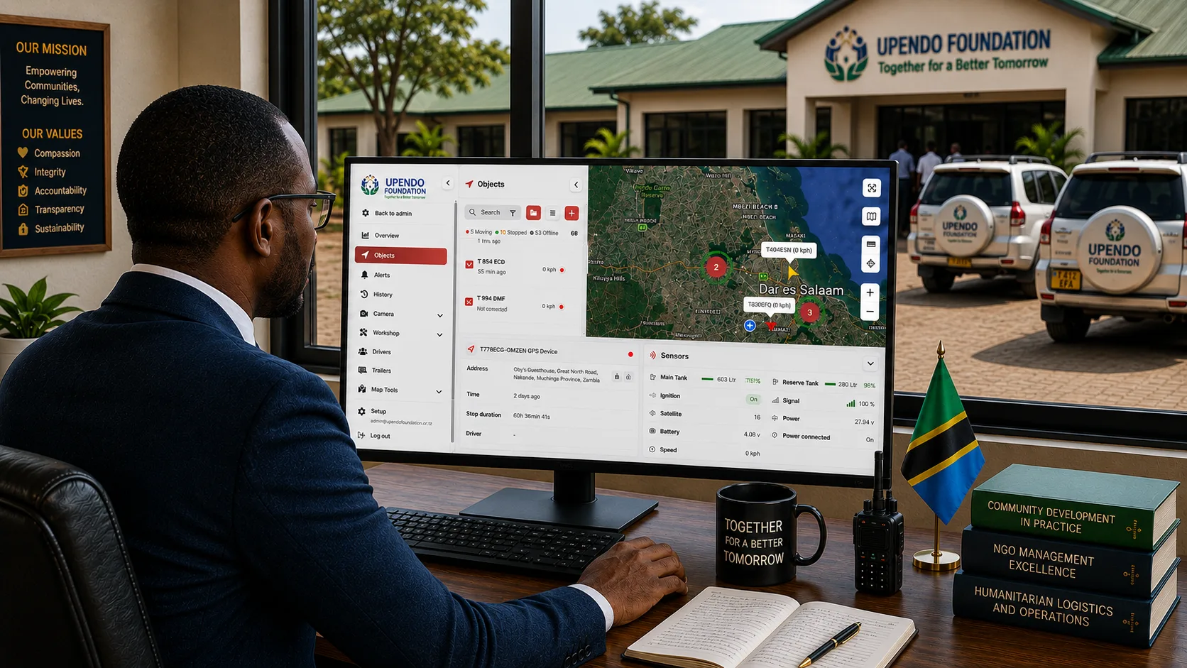 Operations coordinator reviewing a remote field vehicle location during an assignment in Tanzania