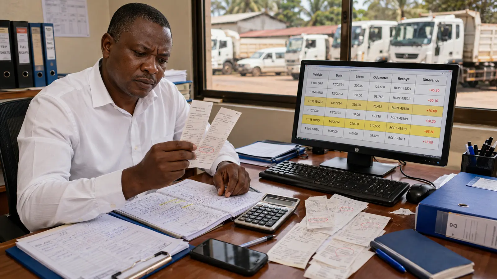 Fleet manager reviewing fuel usage records and vehicle reports for a government or NGO fleet in Tanzania