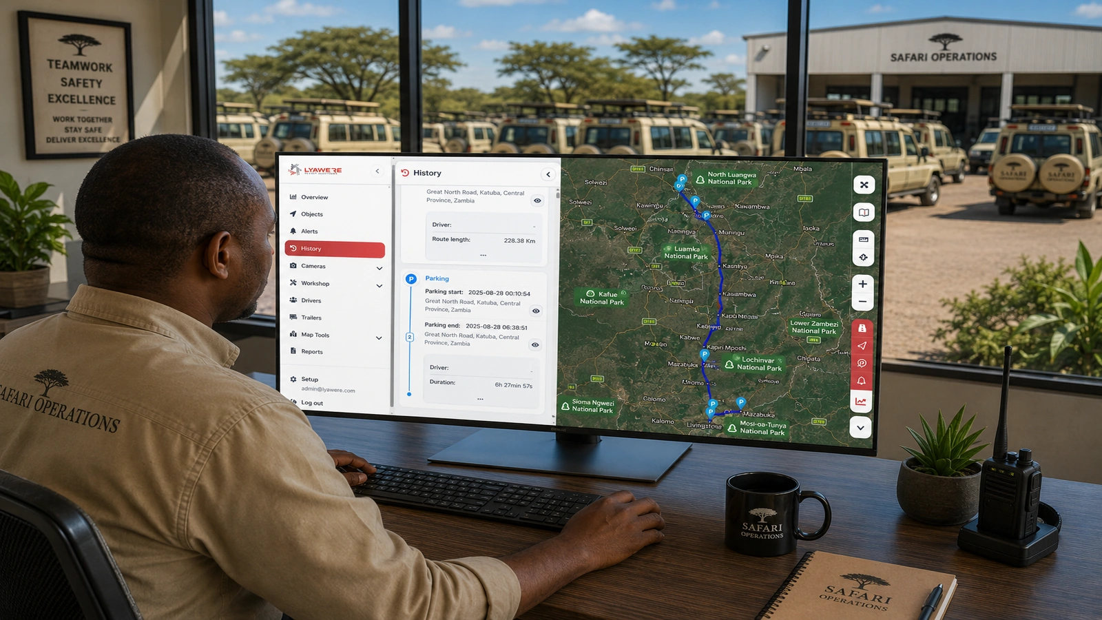 Fleet management software accessed on a mobile phone and desktop computer