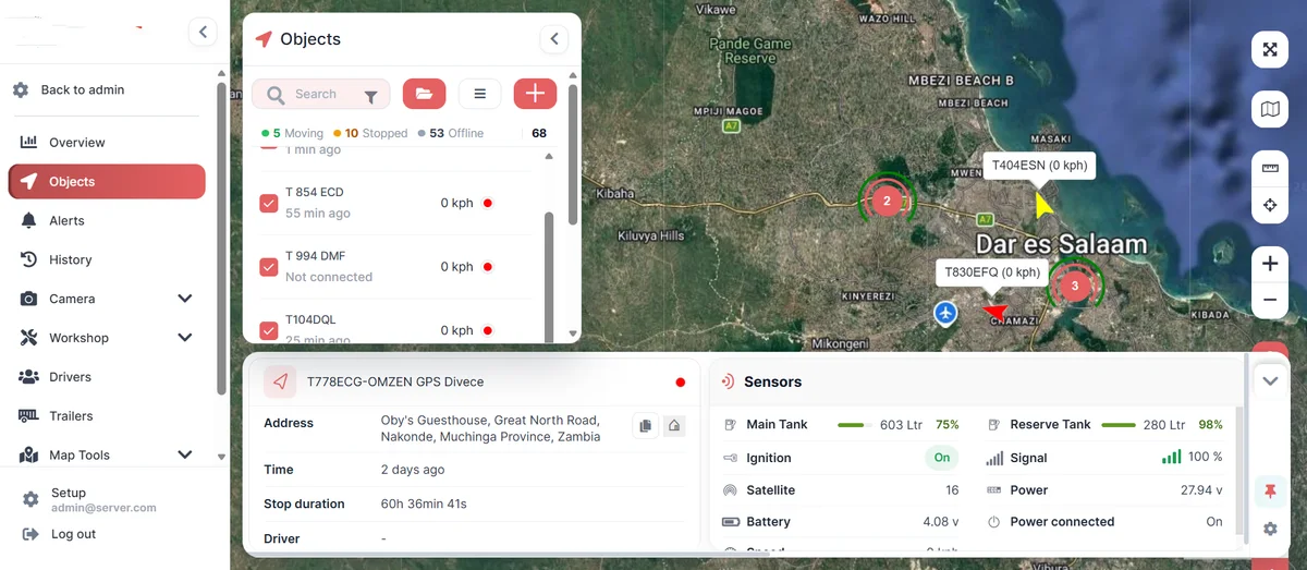 Omtrack live GPS tracking dashboard showing vehicles and sensors on a map of Dar es Salaam