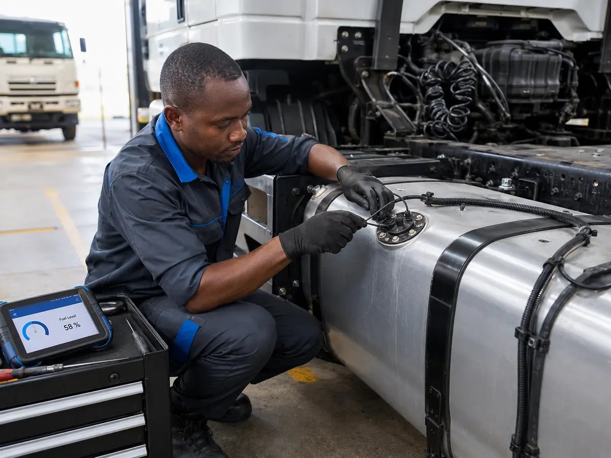 Technician installing a fuel sensor on a truck tank in Tanzania