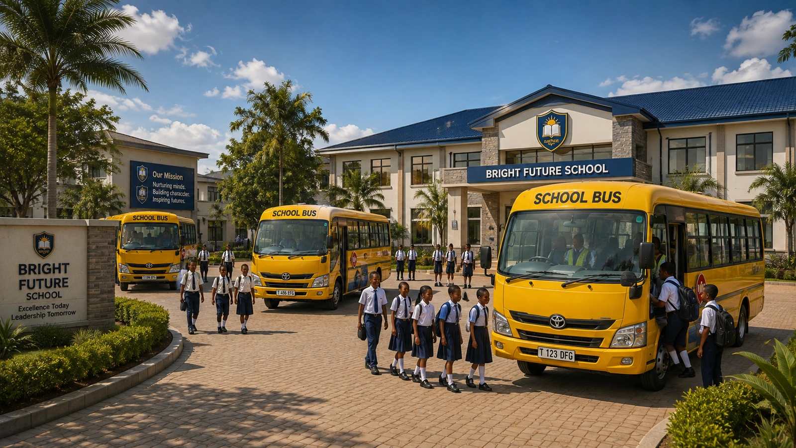 School administrator coordinating assistance for a delayed school bus in Tanzania