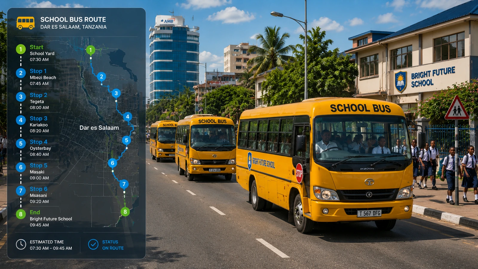 School transport coordinator monitoring buses and routes on a GPS tracking dashboard in Tanzania
