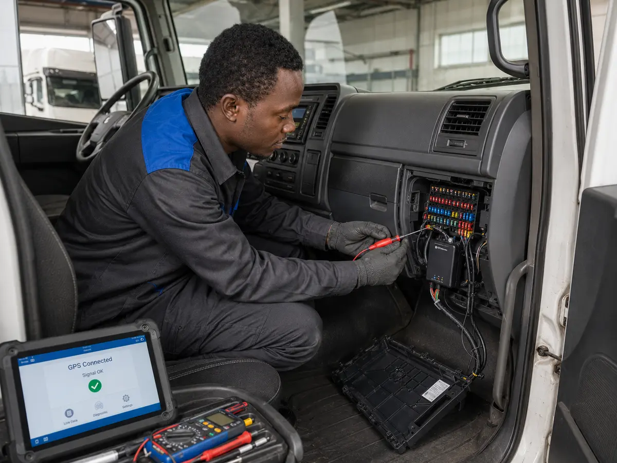 Technician installing a GPS tracker inside a truck cabin in Tanzania