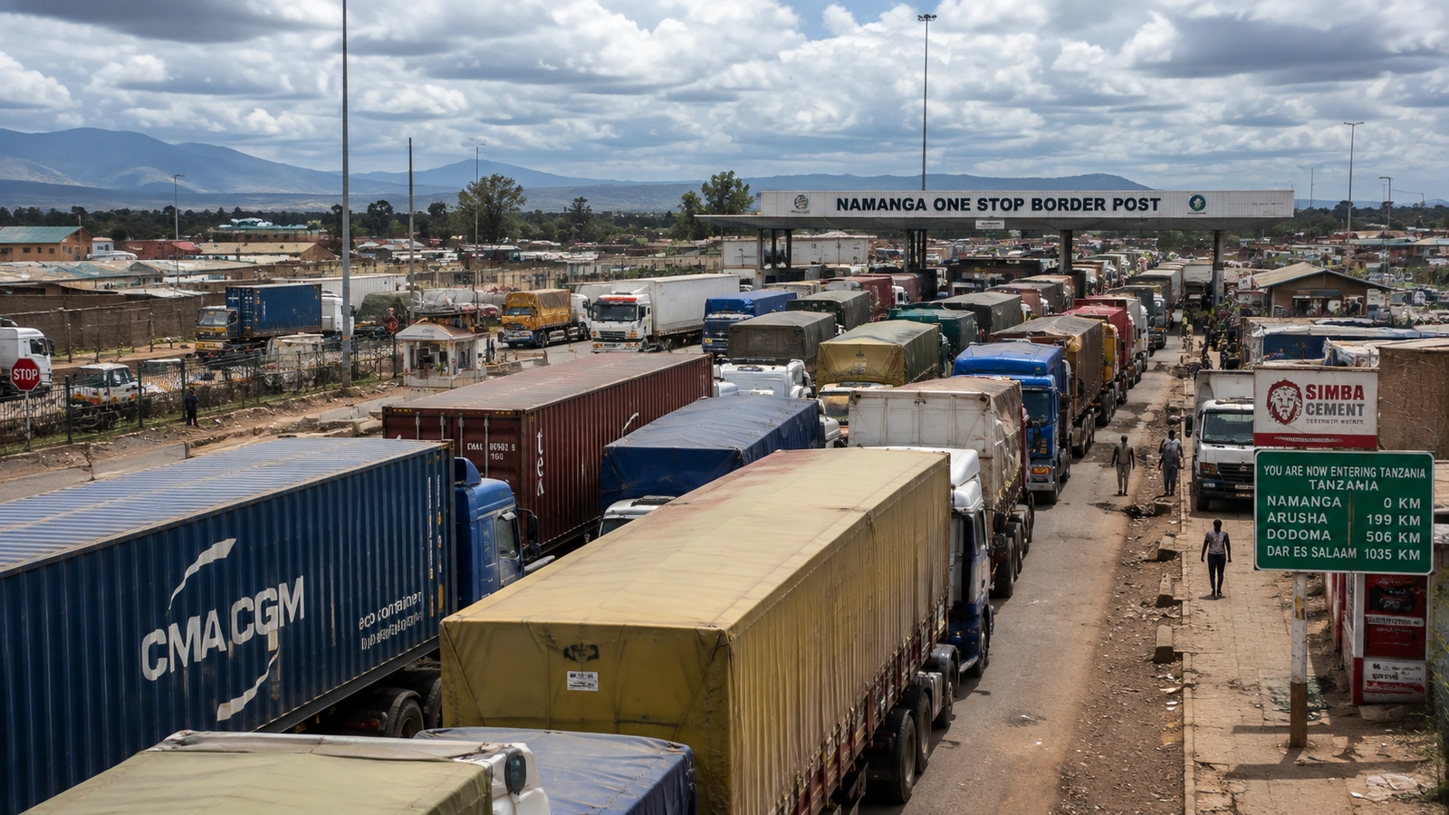 Congested cargo lorries at the Namanga border post in Tanzania