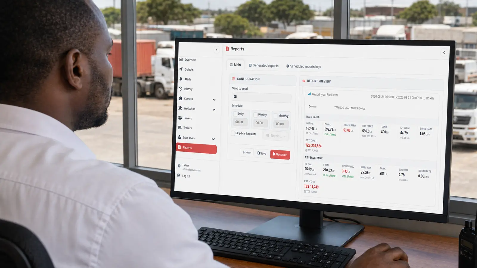 Truck tracking dashboard showing fleet reports and vehicle information in Tanzania